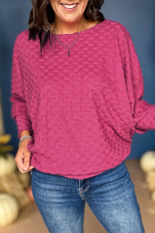 Top de manga dolman con textura a cuadros rosa brillante