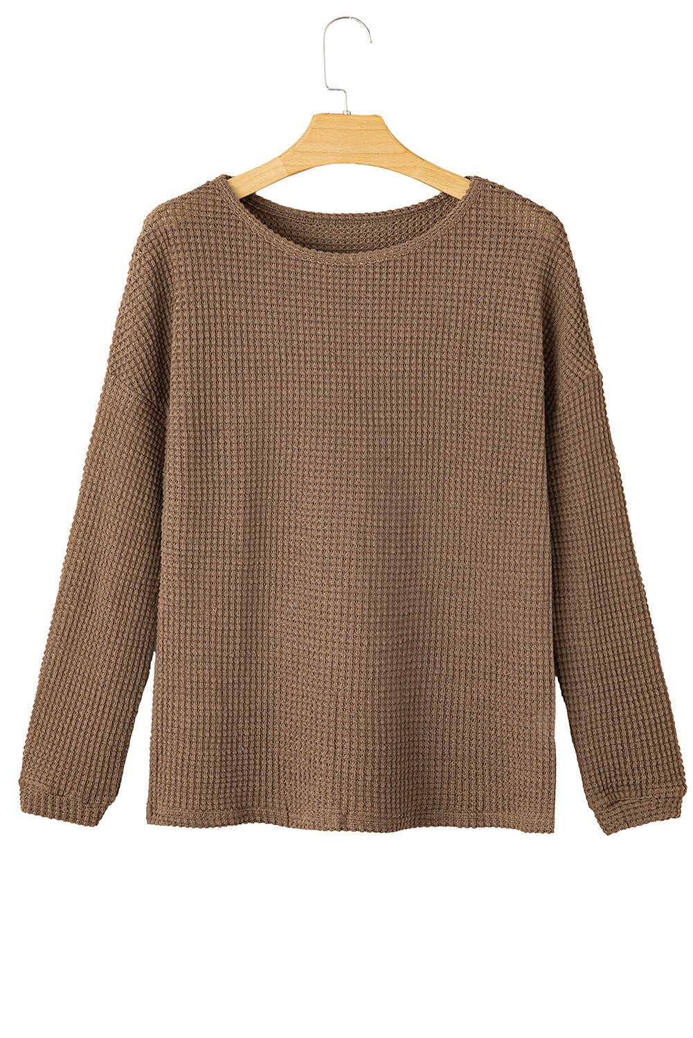 Dark Brown Waffle Knit Drop Shoulder Long Sleeve Top