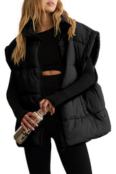 Black Oversized Quilted Vest with Stand Collar and Solid Zipper