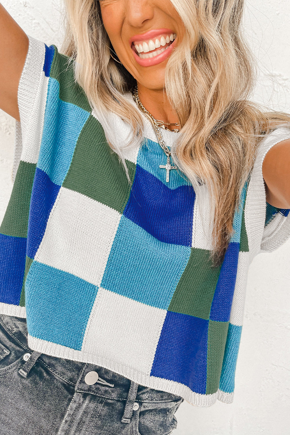 Dark Blue Color Block Cap Sleeve Sweater Tops