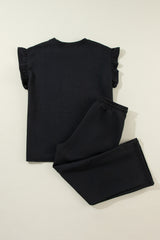 Ensemble haut d'été noir à manches à volants et pantalon ample court-A WOMAN WE LOVE