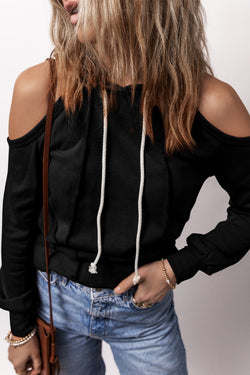 Black Drawstring Off Shoulder Hoodie with Seam Detail