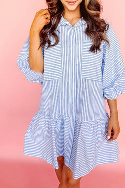 Sky blue striped button-down shirt dress, bubble sleeves, chest pockets