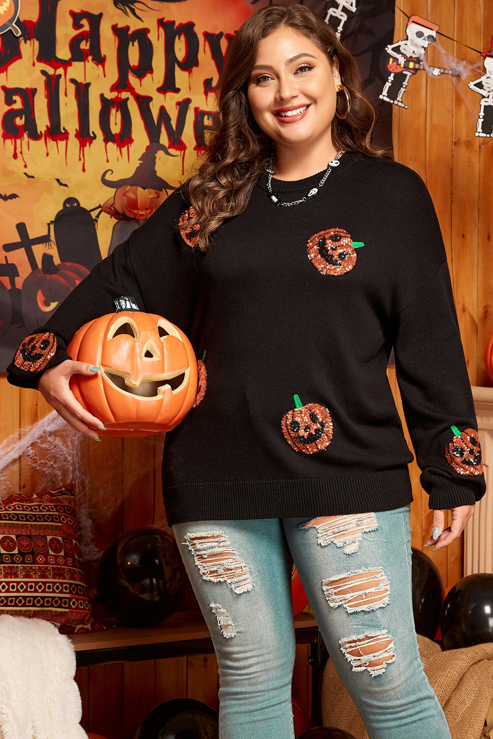 Plus Size Black Halloween Sequin Pumpkin Pattern Sweater