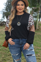 Plus Size Black Leopard Sequin Long Sleeve Top