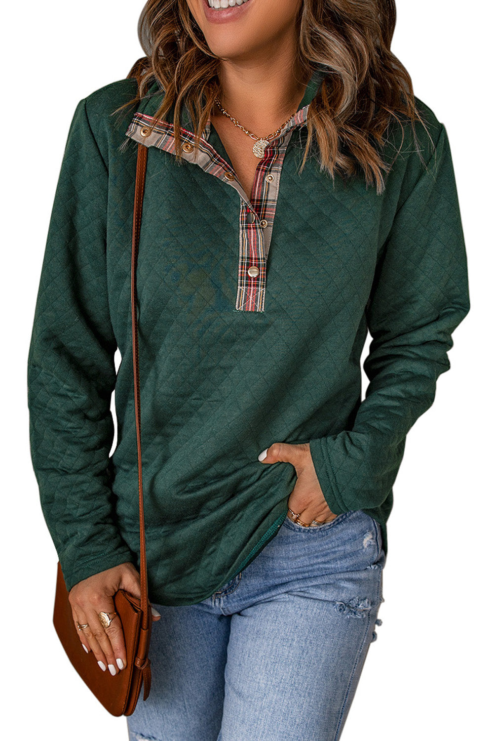 Sweat-shirt Green Geometric Texture Plaid Trim