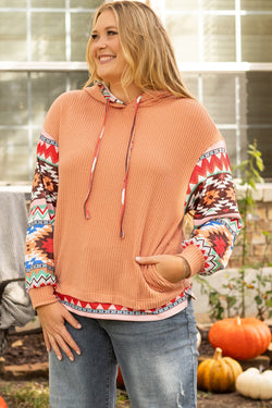 Plus Size Khaki Aztec Waffle Knit Hoodie