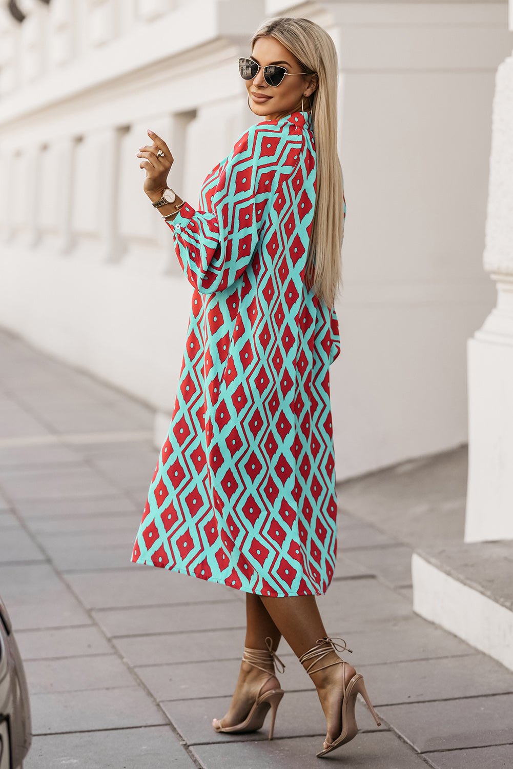 Sky Blue Western Geometric Print Split Buttoned Shirt Dress