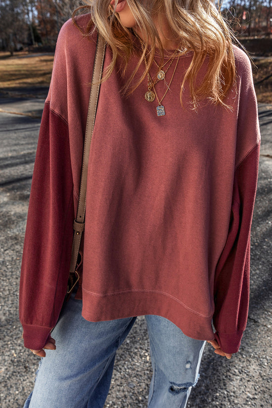 Mineral Red Two-Tone Patchwork Drop Shoulder Sweatshirt