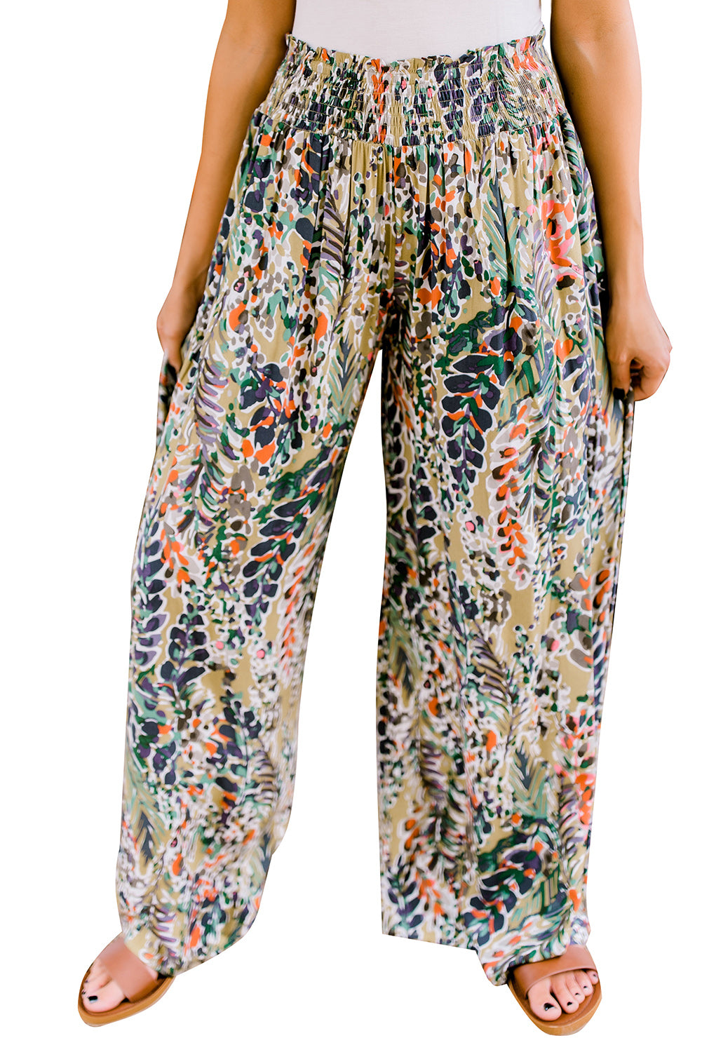 Pantalon décontracté à jambe large et taille haute froncé à imprimé floral multicolore