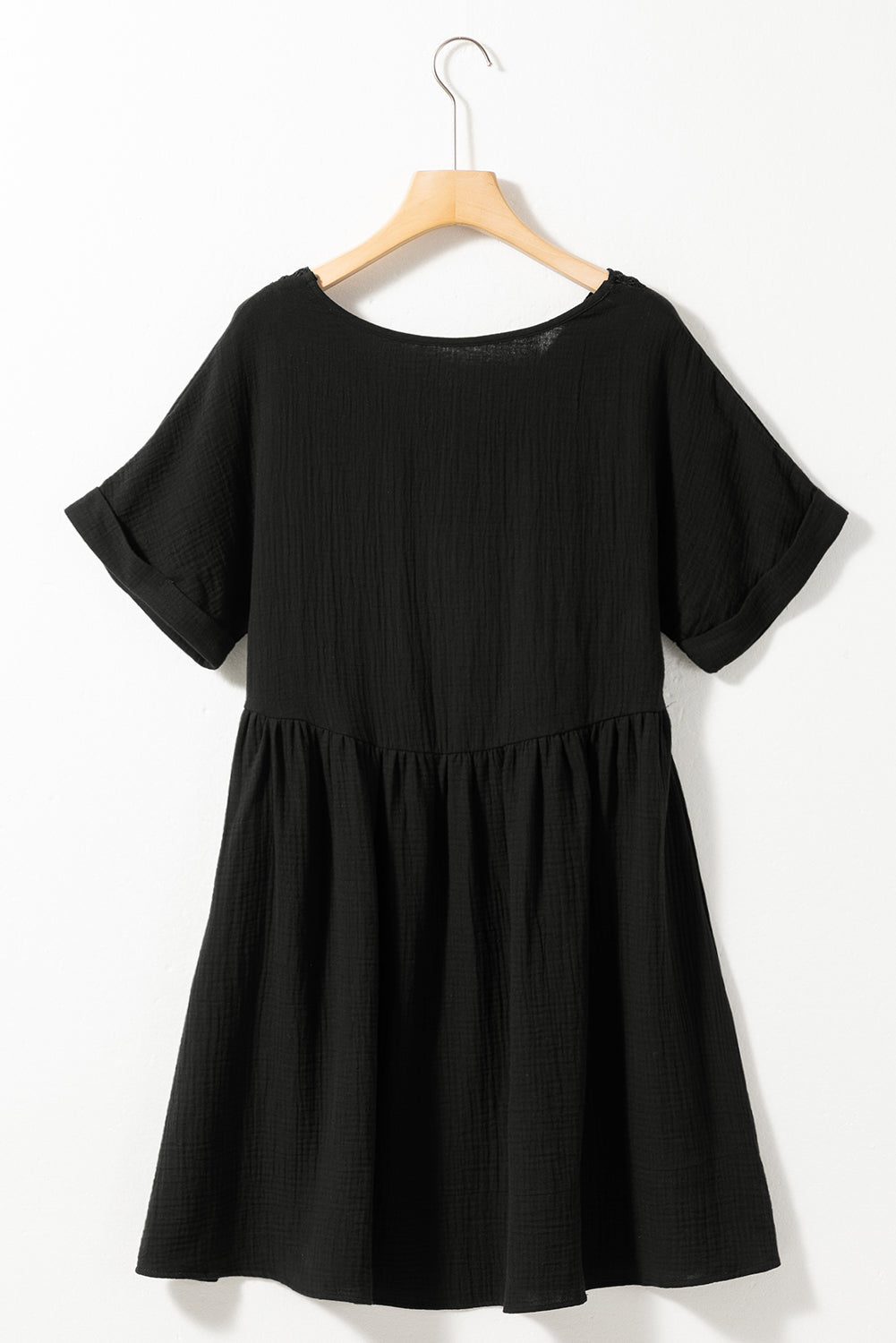 Black Lace Folded Mini Dress with Short Sleeves and V-Neck