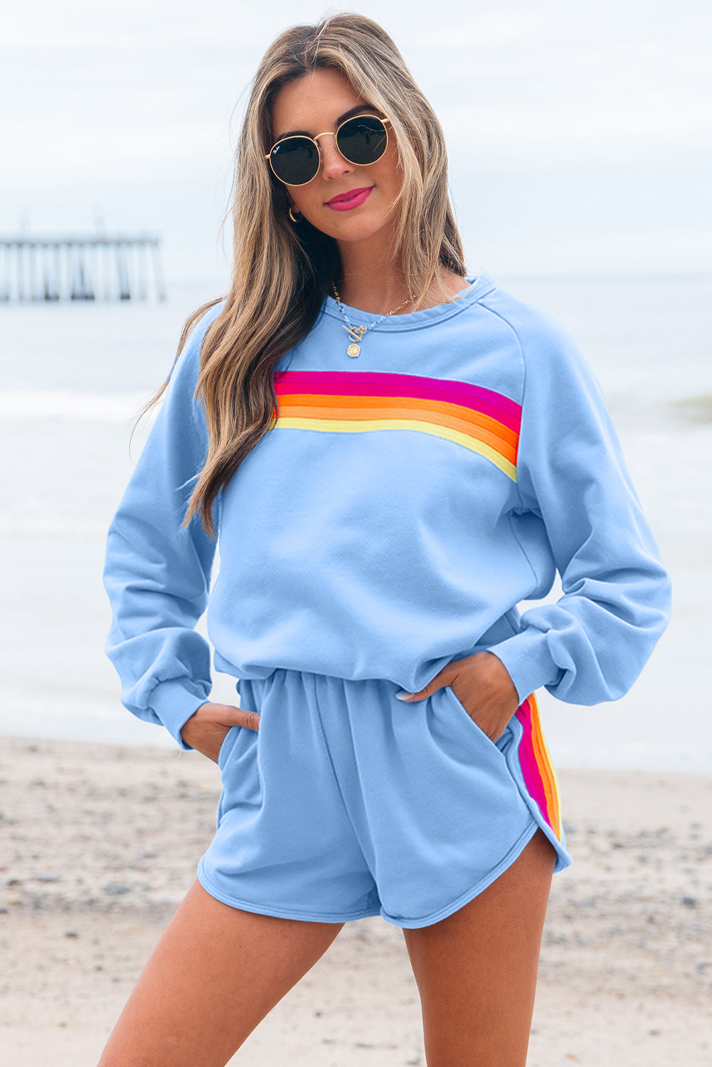 Ensemble décontracté deux pièces pull et short à rayures bleu Beau