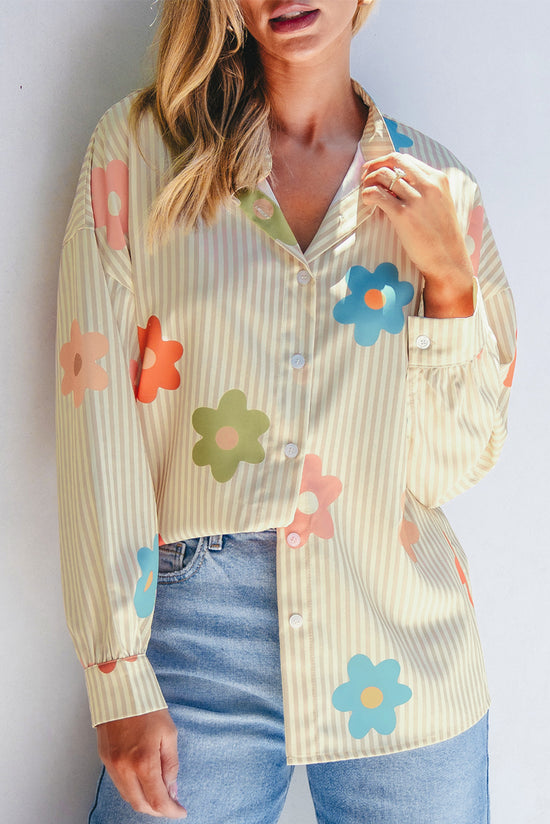 Loose -collar buttoned shirt and apricot floral print