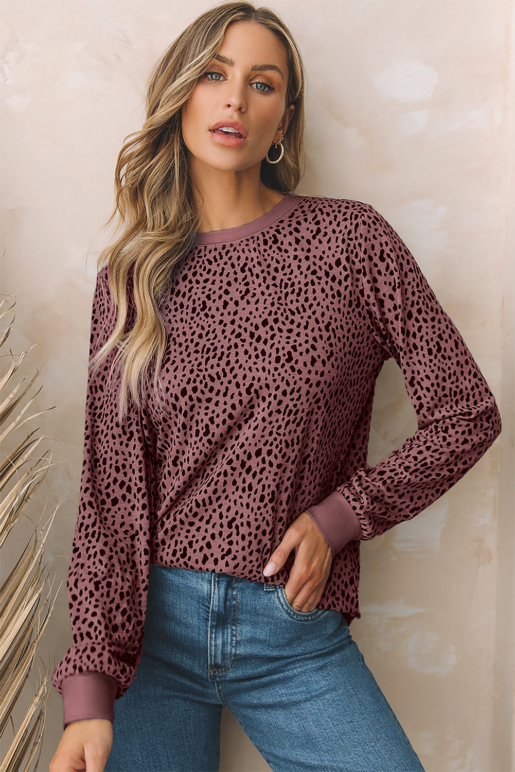 Animal Spotted Print Round Neck Long Sleeve Top