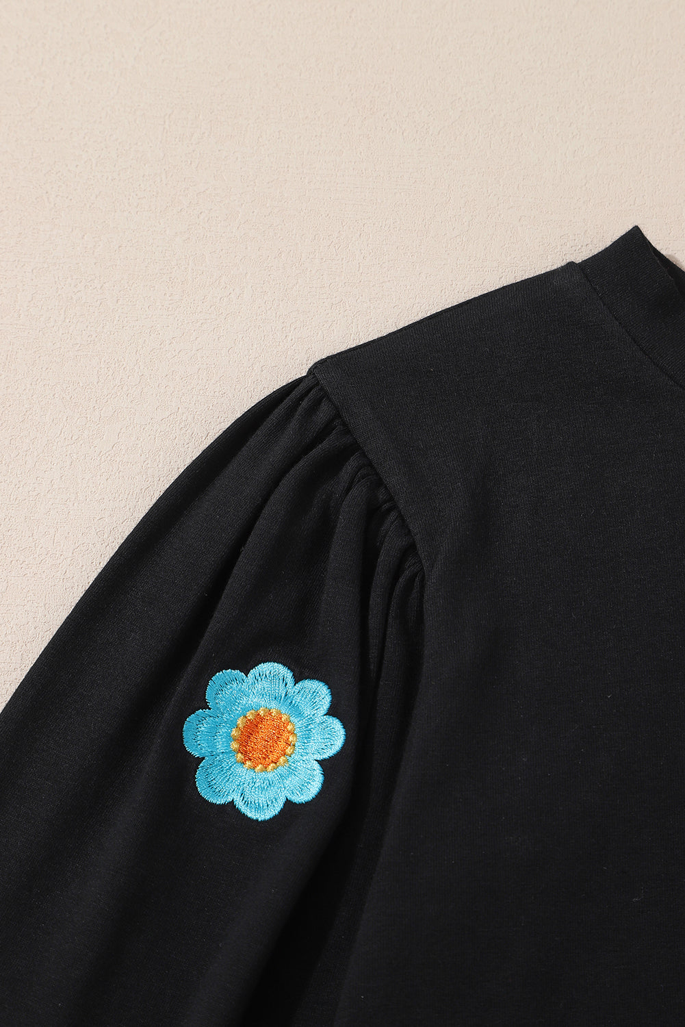 Black Floral Embroidered Puff Sleeve Top