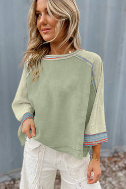 Haut raglan patchwork à manches larges en tricot gaufré vert Meadow Mist