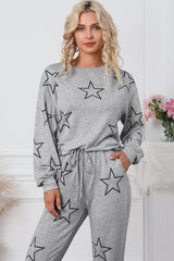 Ensemble de salon gris à manches longues et taille haute avec cordon de serrage et imprimé étoiles-A WOMAN WE LOVE