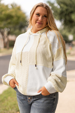 Plus Size Beige Textured Patchwork Stitched Hoodie