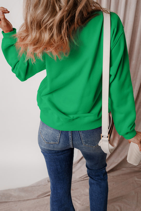 Dark Green Solid Fleece Lined Drop Shoulder Terry Sweatshirt