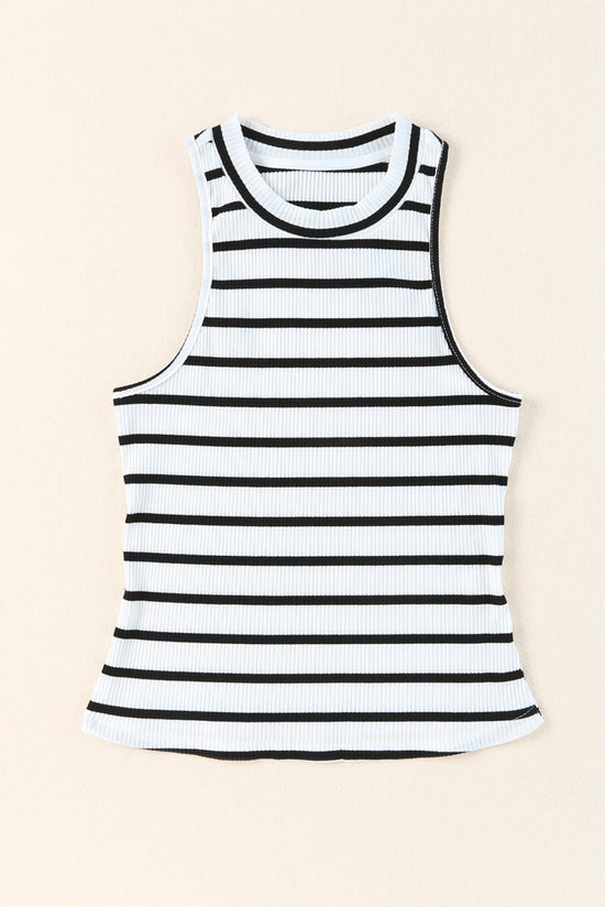 Ribbed sleeveless top with round neck and white striped print