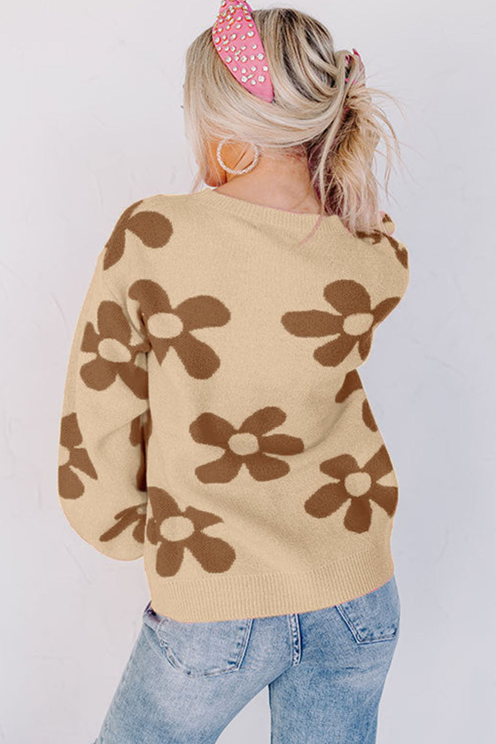 Parchment Big Flower Ribbed Knit Sweater