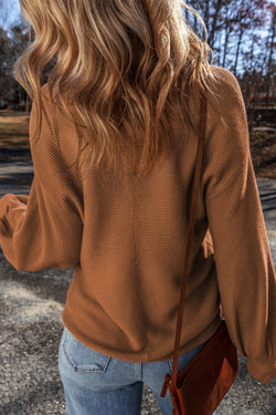 Camel Ribbed Knit Loose Sweater with Dropped Sleeves and V-Neck