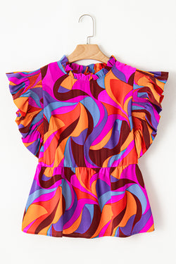 Orange peplum blouse with abstract print and floating sleeves