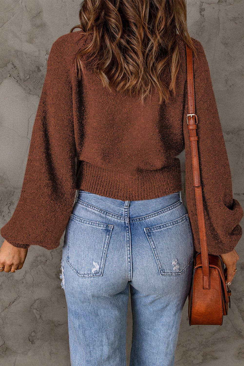 Brown Solid Color Lantern Sleeve Knitted Sweater