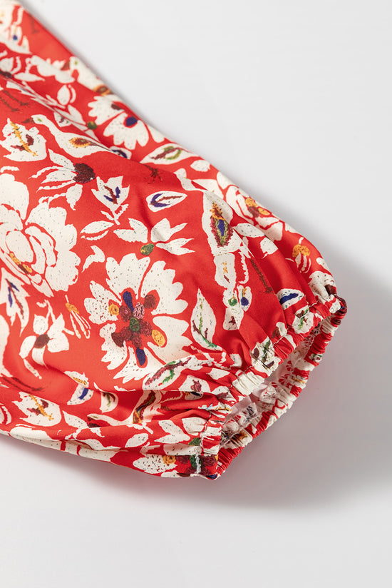 Long-sleeved folded mini-red and red-colored floral patchwork