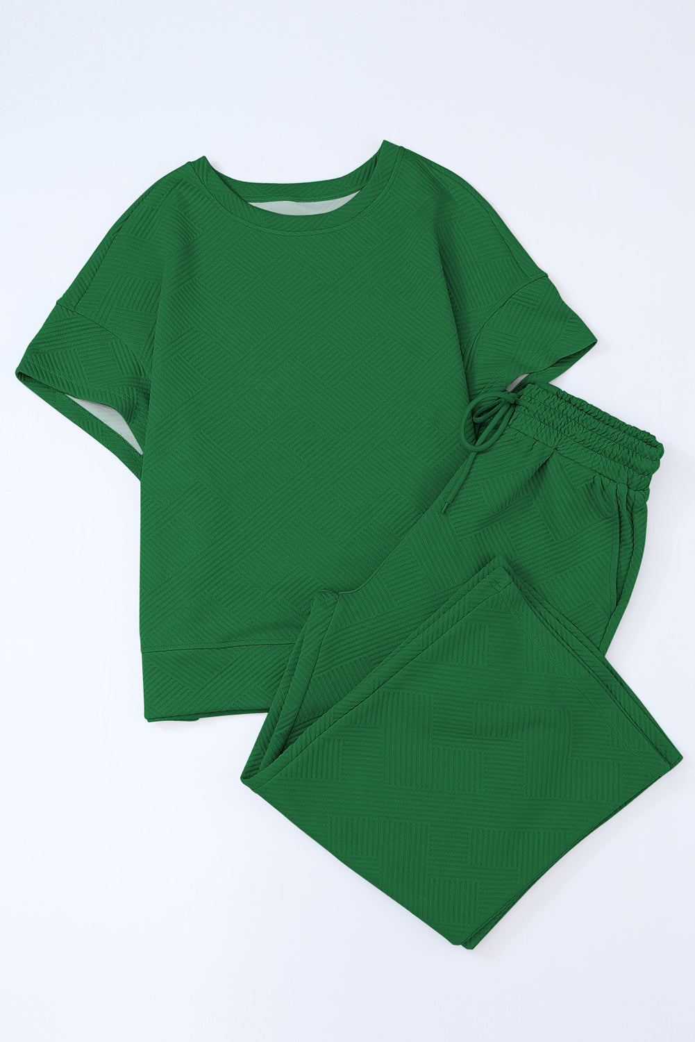 Dark Green Textured Loose Fit T-Shirt and Drawstring Pants Set