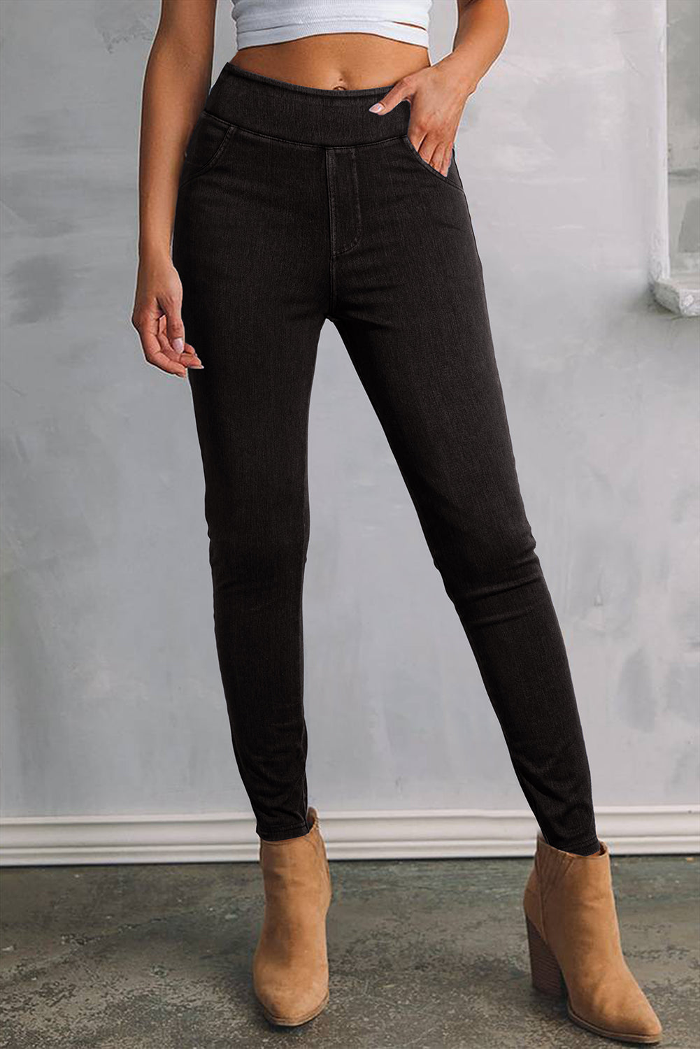 Black Solid Color High Waist Stretch Slim Jeggings