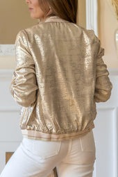 Metallic Pale Khaki Zip-Up Baseball Jacket