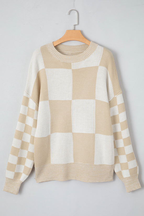 Linen Plaid Print Drop Shoulder Sweater