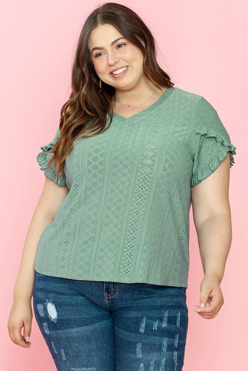 Laurel Green Petal manga Jacquard v Neck Curvy Blusa