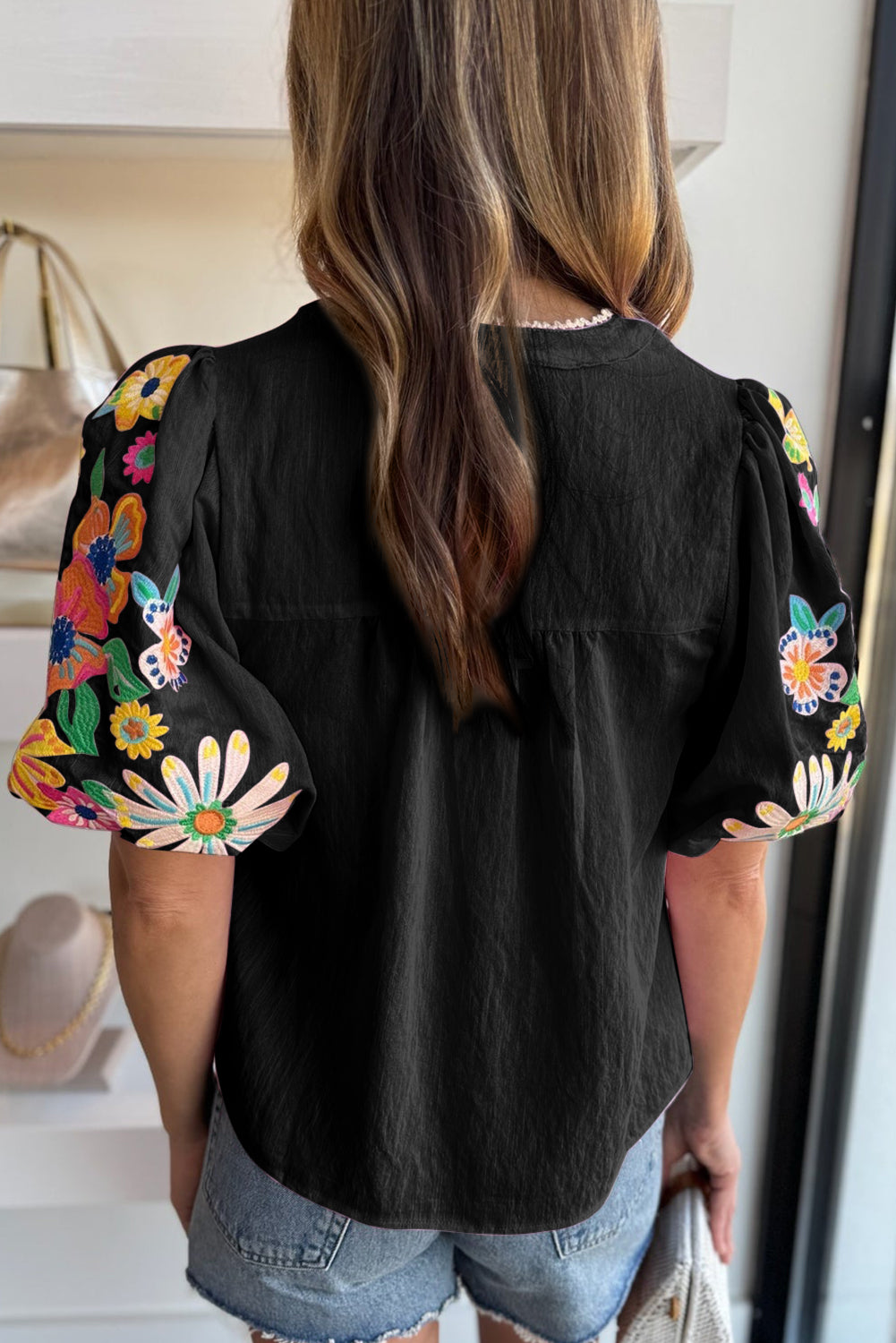 Black Blumenbluse gestickt