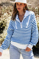 Sky blue striped sweater with zipped collar and dropped shoulders