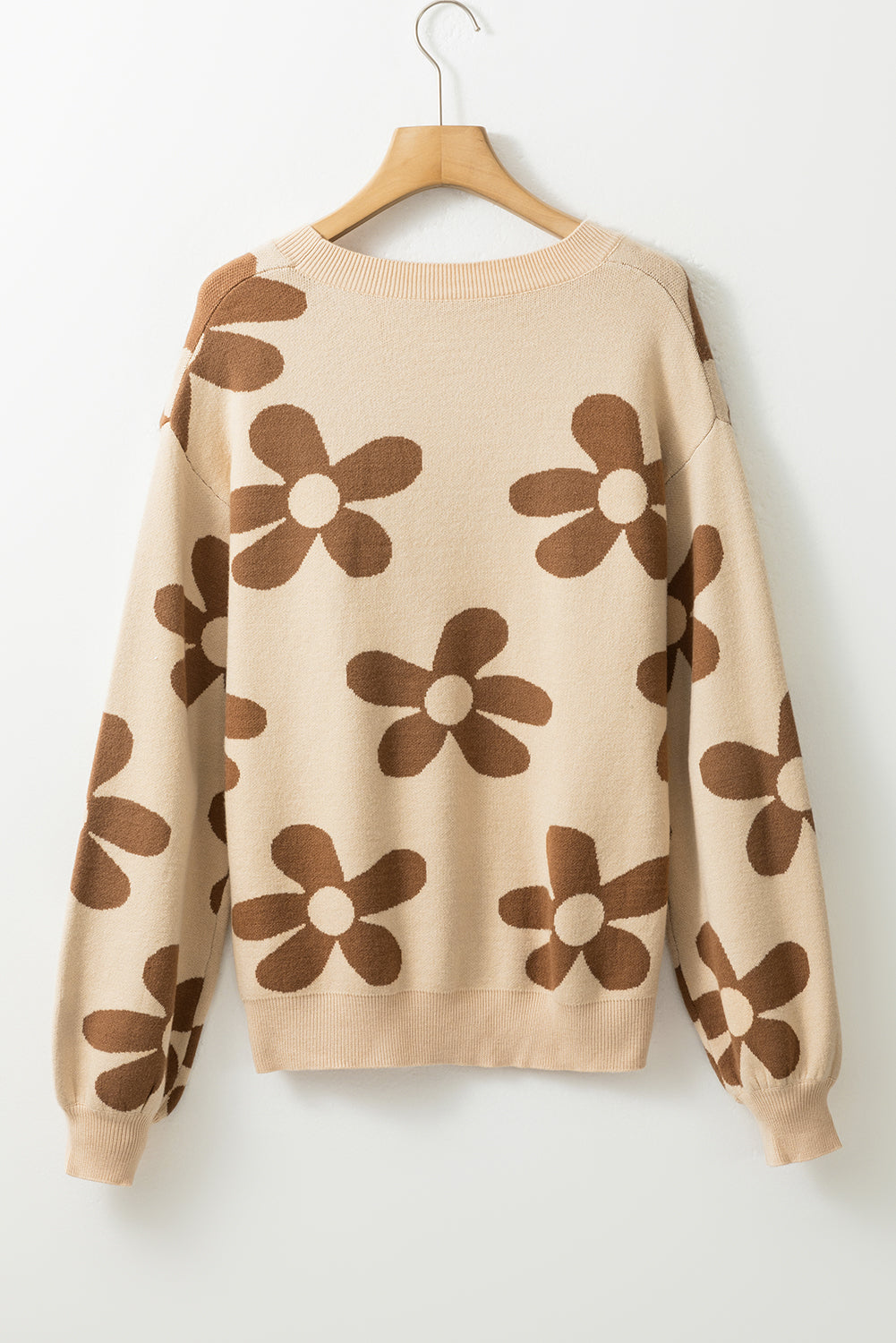 Parchment Big Flower Ribbed Knit Sweater