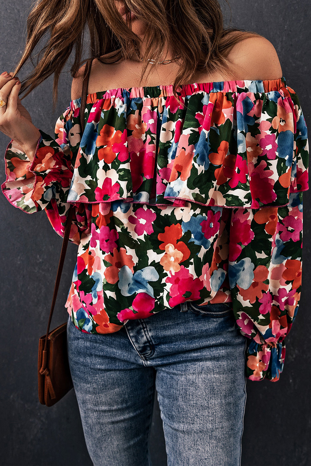 Blouse à volants et épaules dénudées à imprimé floral