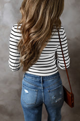 White Striped Button Down V-Neck Long Sleeve T-Shirt