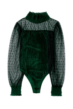 Green body in ribbed velvet with long sleeves *