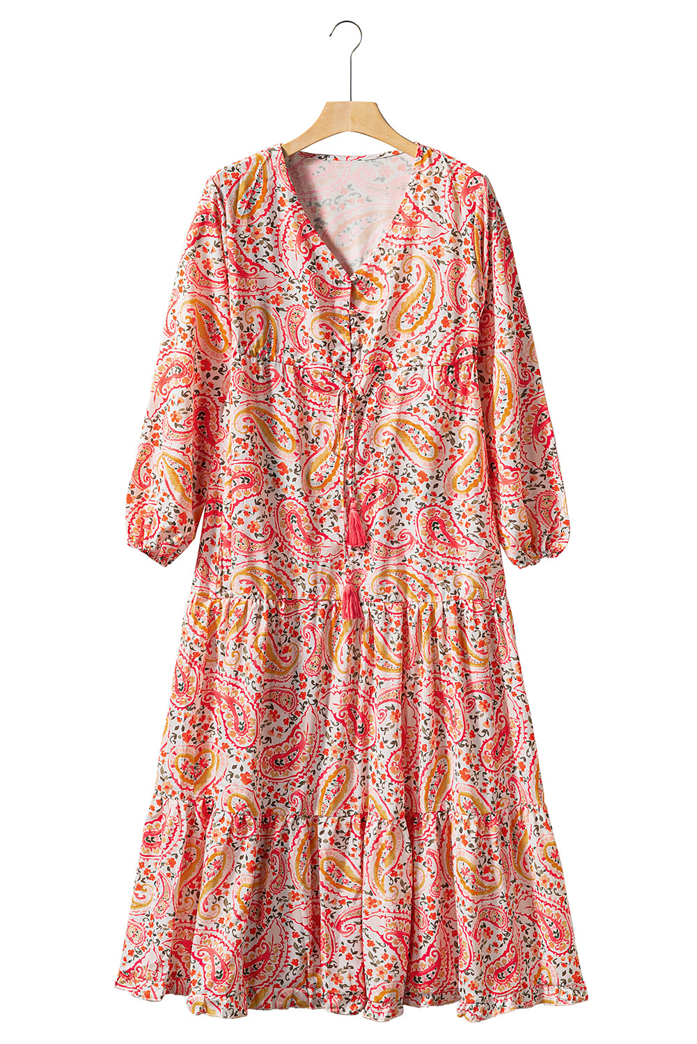 Naranja boho vacaciones paisley estampado estampado manga larga maxi vestido