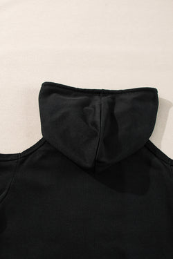 Black Drawstring Off Shoulder Hoodie with Seam Detail