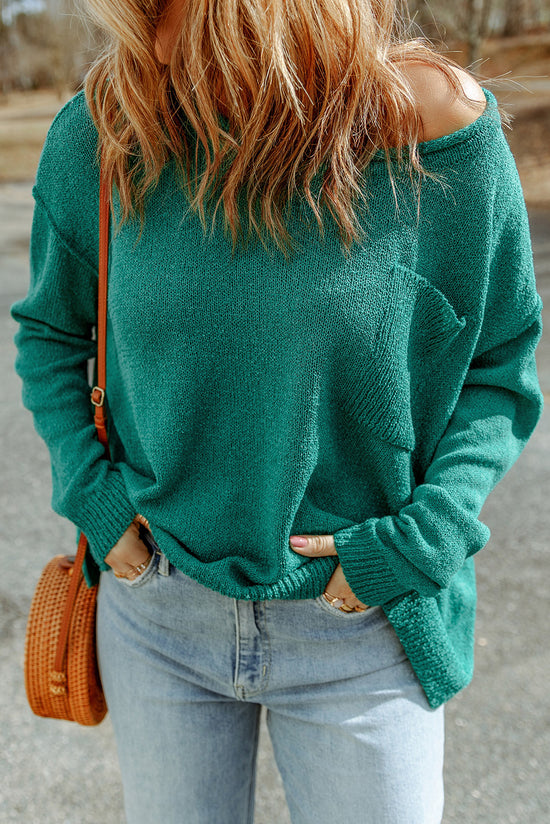 Green Solid Color Off Shoulder Ribbed Knit Sweater with Pocket