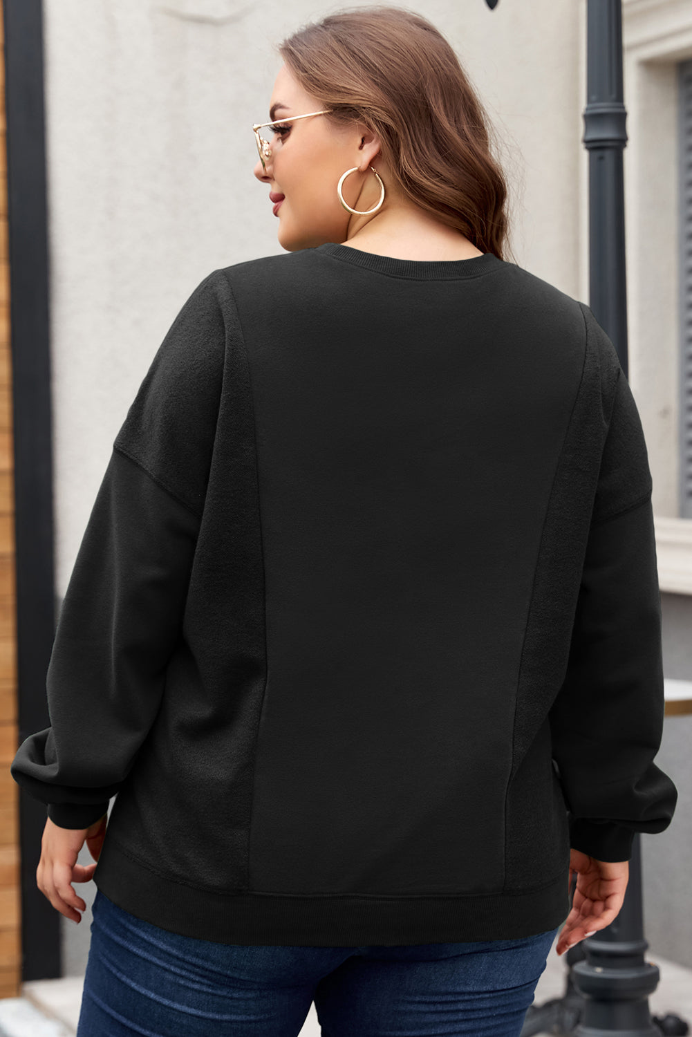 Black Crew Neck Patchwork Loose Sweatshirt Plus Size