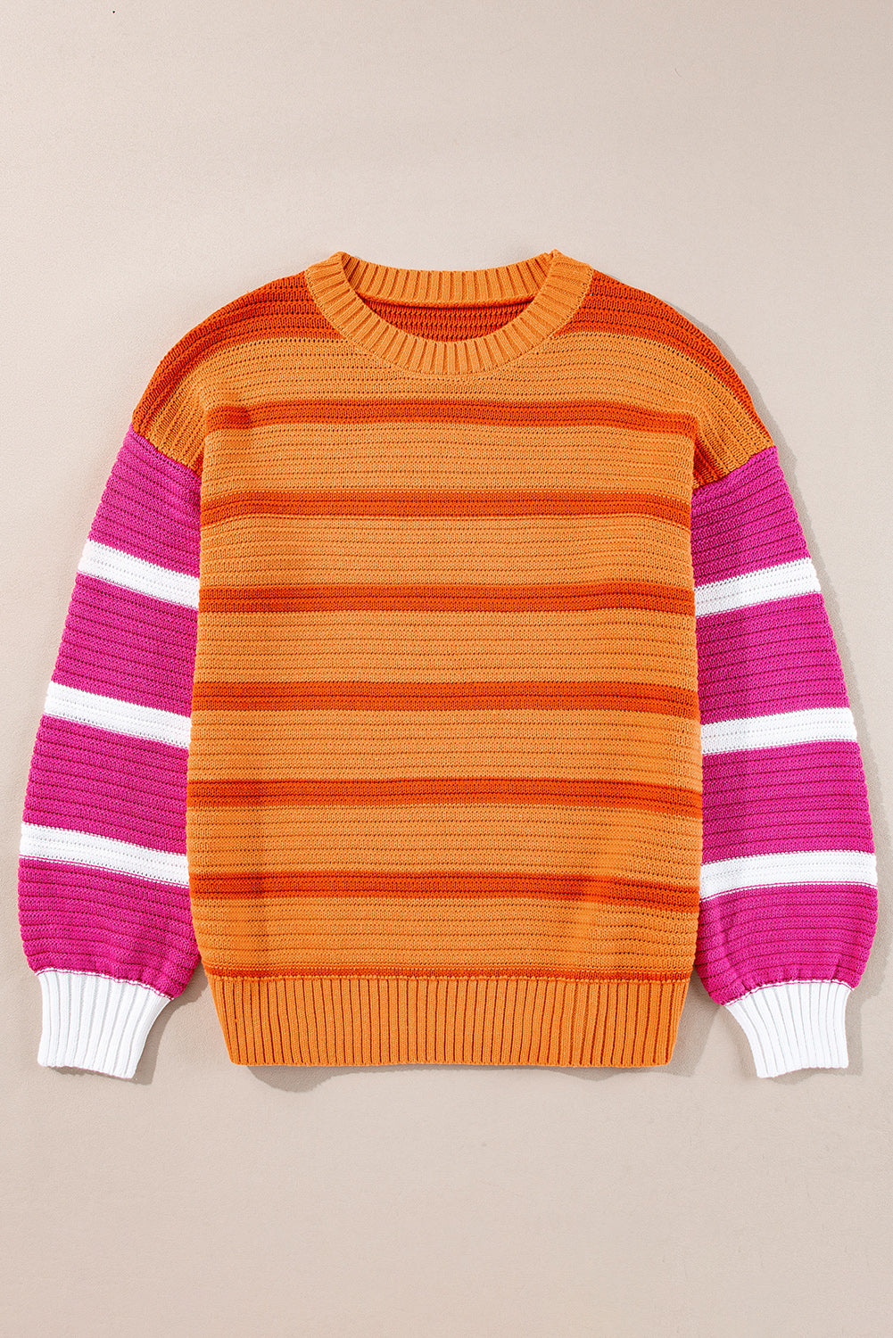 Loose sweater with orange stripes and color block, round neck, dropped shoulders