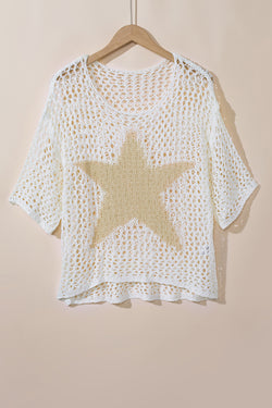 Haut pull d'été tricoté au crochet avec motif étoile blanche