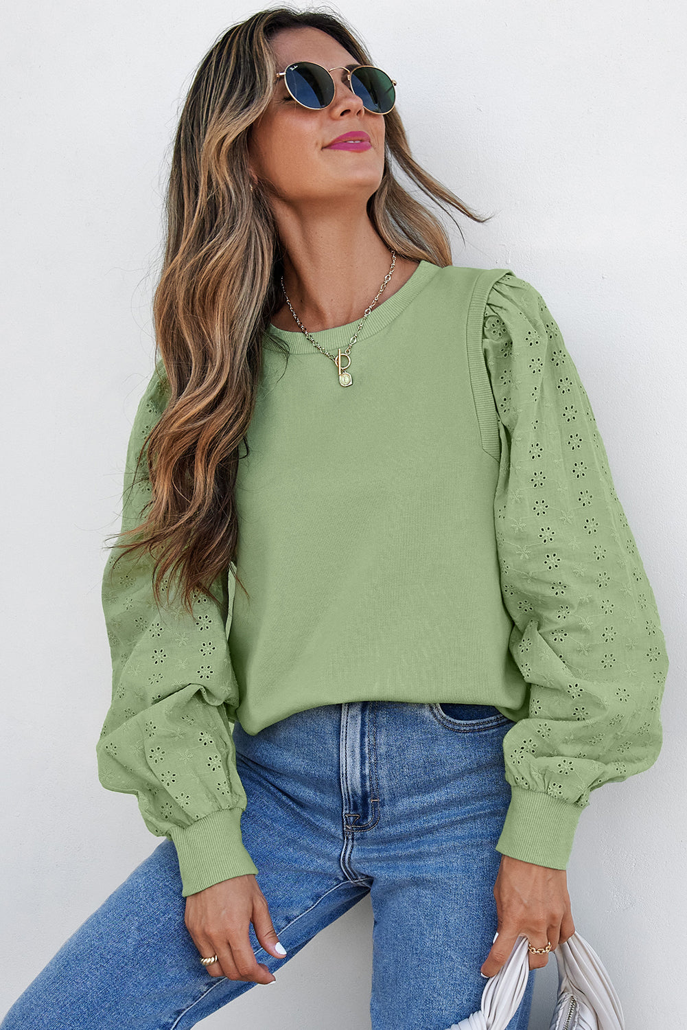 Sweat-shirt à col rond et manches patchwork uni vert brume