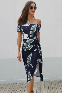 Blue Off Shoulder Bodycon Midi Dress With Slit In Printed Pattern