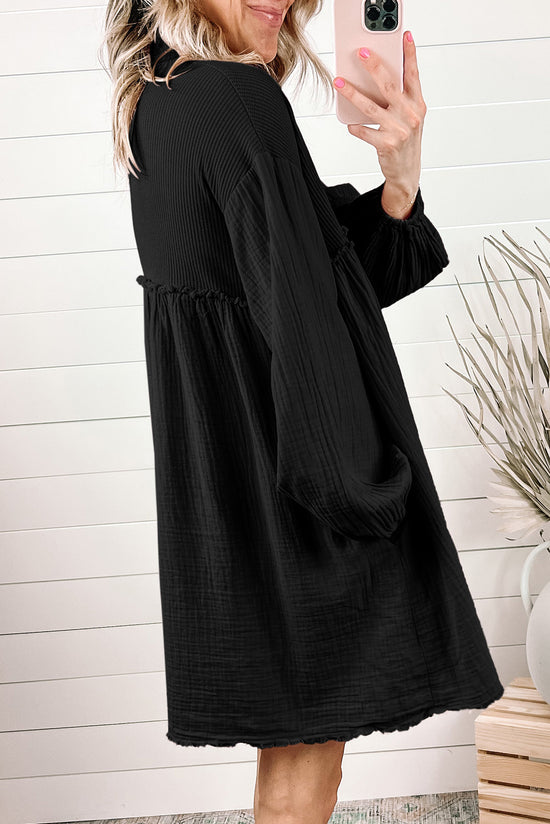 Fwed black shirt dress with puffy sleeves and patchwork