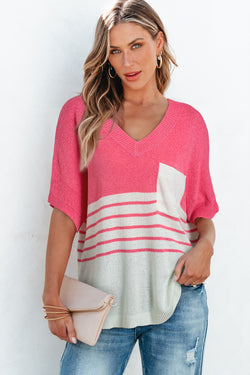 Strawberry Pink Contrast Striped Short Sleeve V-Neck Knitted Top